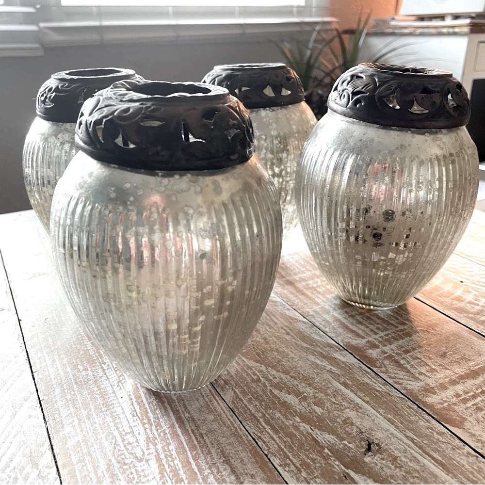 🕯️4 Glass Hurricanes Illuminating Mercury Glass Candle Holders🕯️